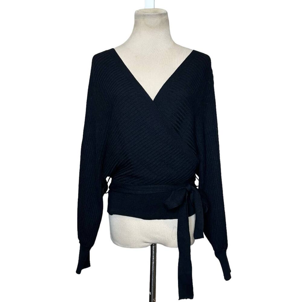 Love Tree black ribbed knit V neck long sleeves belted sweater size M
